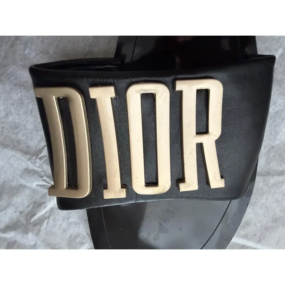 Christian Dior Black & Gold DIOR Logo Leather Slide Sandals Size 39 US 8